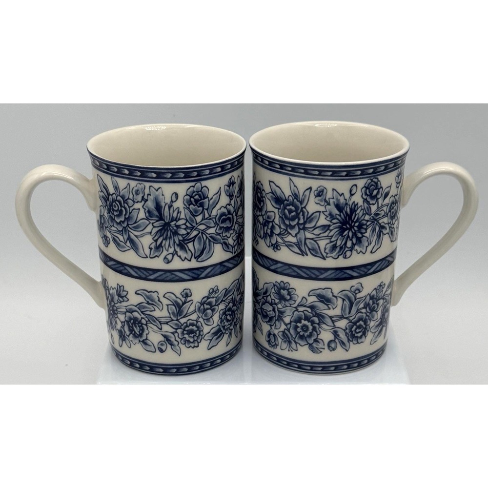 Pair 222 Fifth White Blue Dynasty Floral Mugs Porcelain Fine China 10 oz EUC
